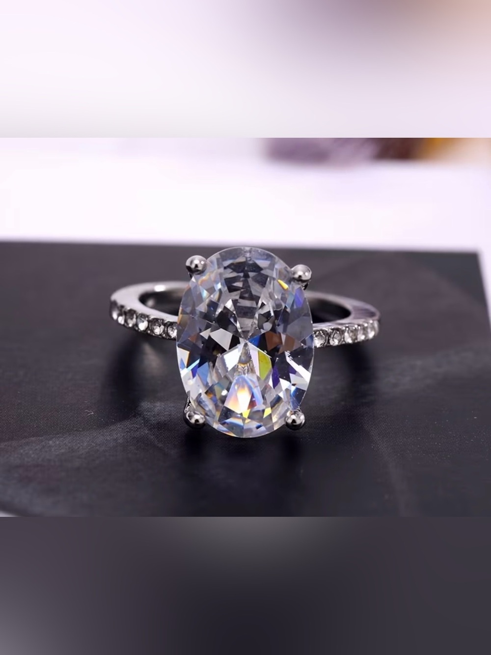 Oval Clear Gemstone Ring with Pavé Band